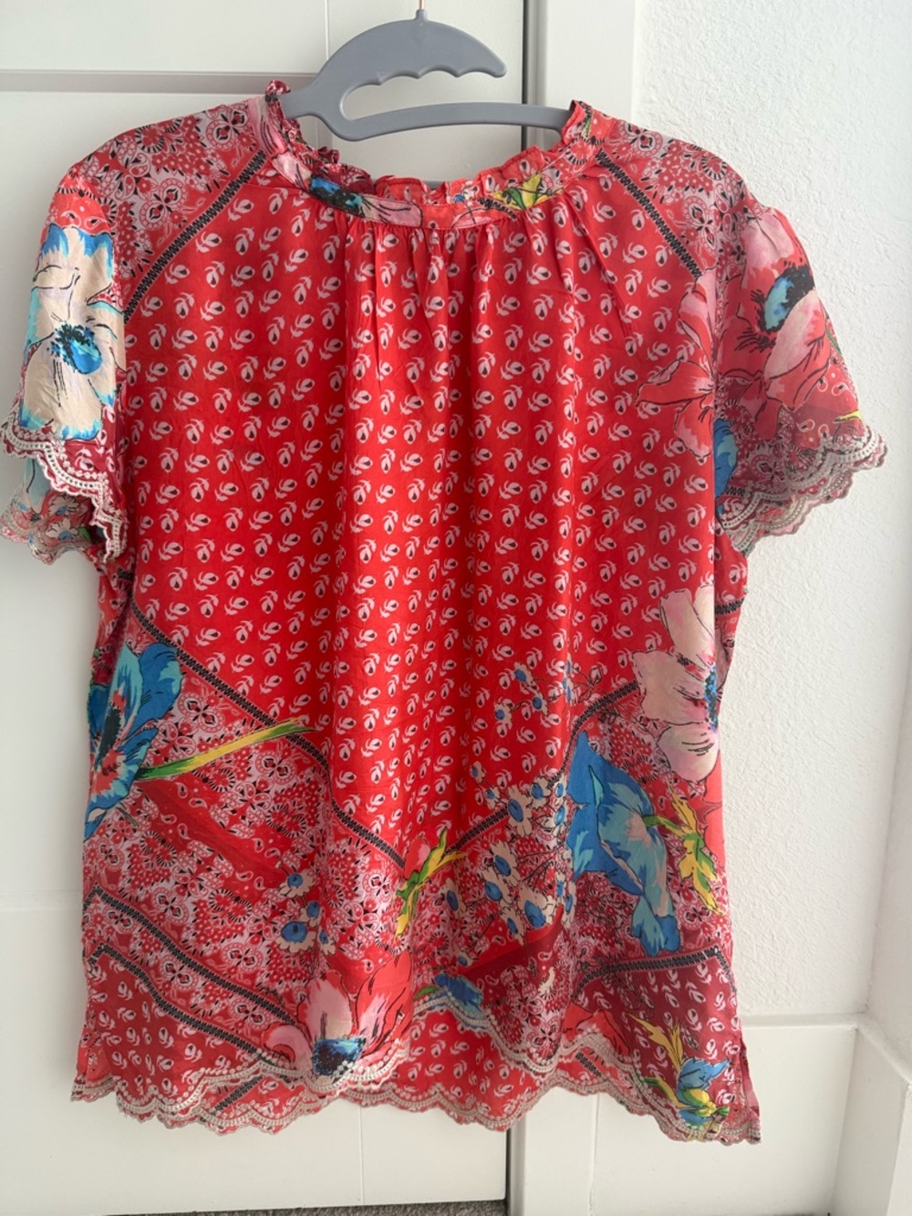 Johnny Was Silk Red Floral Patchwork Short-Sleeve Blouse